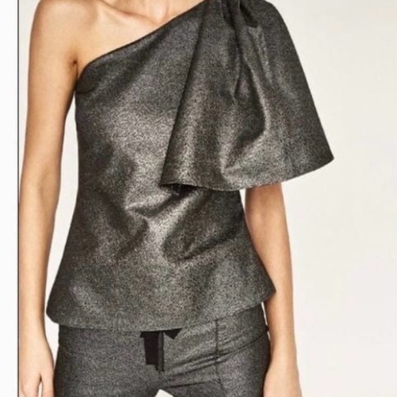 Zara Tops - Zara Metallic One-Shoulder Puff-Sleeve Top and Pants (Set) - Black